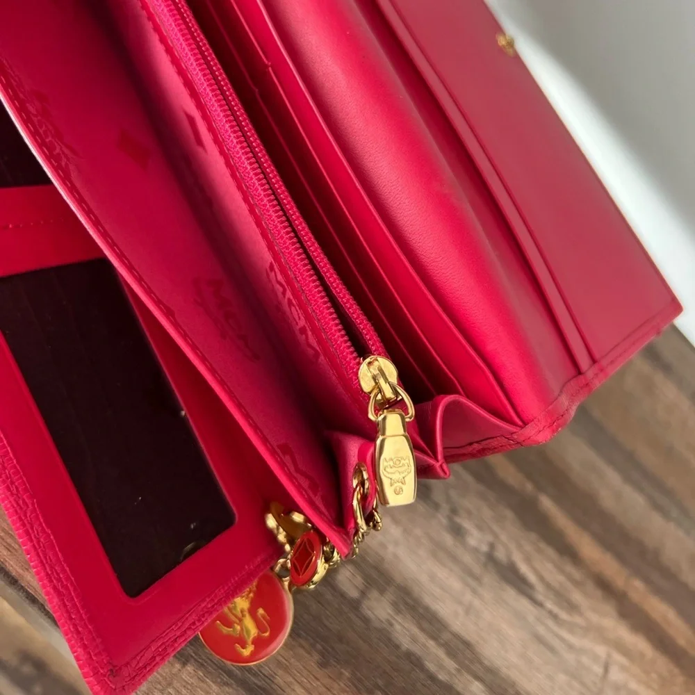 MCM Hot Pink Trifold Leather Wallet with Charms